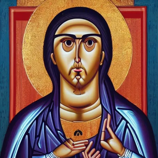 Image similar to sasha grey as saint, christian icon painting, highly detailed