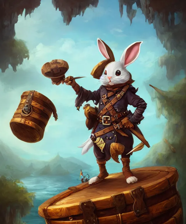 Prompt: anthropomorphic rabbit pirate, pirate outfit, standing on a treasure chest, standing in a beautiful landscape, cute and adorable, dnd character art portrait, matte fantasy painting, deviantart artstation, by jason felix by steve argyle by tyler jacobson by peter mohrbacher, cinematic lighting