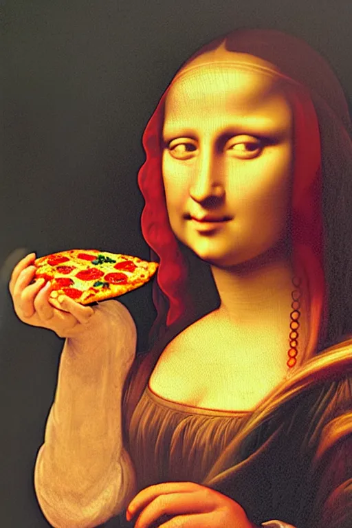 Prompt: ambient light, portrait of a woman holding a slice of pizza in her hands, the slice of pizza is held in mid air, near her face, in the artistic style of mona lisa