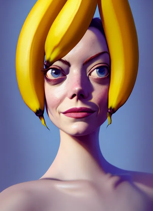 Image similar to anthropomorphic portrait of emma stone as a banana, au naturel, hyper detailed, digital art, trending in artstation, cinematic lighting, studio quality, smooth render, unreal engine 5 rendered, octane rendered, art style by klimt and nixeu and ian sprigger and wlop and krenz cushart and pixar and riot and overwatch