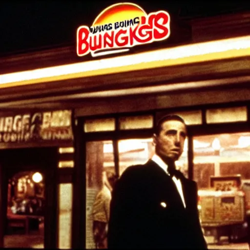 Prompt: A still of The Burger King in The Godfather, cinematic lighting