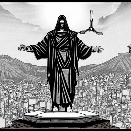 Image similar to detailed manga illustration of christ the redeemer statue as a killer robot, cyberpunk, dark, akira