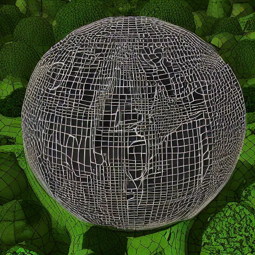 Image similar to : maze pattern sphere in forest 3d render unreal engine