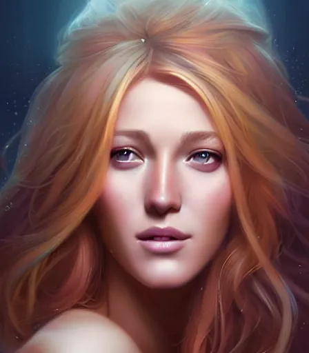 Prompt: beautiful portrait of a goddess who looks like Blake Lively , character design by charlie bowater, ross tran, artgerm, and makoto shinkai, detailed, soft lighting, rendered in octane