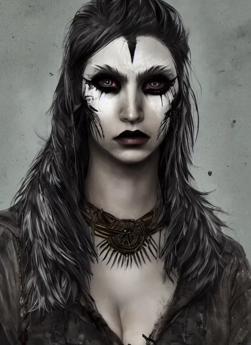 Image similar to digital art of a young woman in dark shamanistic ritual clothing accented by black feathers, dark ravenlike makeup on her face, post apocalyptic, dystopian, high resolution, highly detailed, fallout, raider, 4 k, artstation, sharp lines