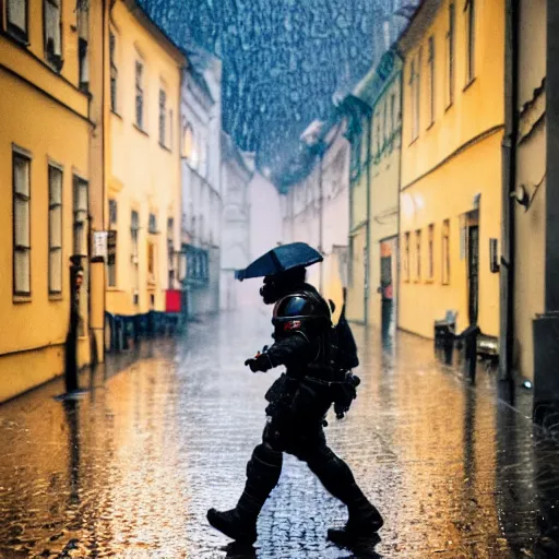 Image similar to a space marine walks on a rainy street in prague, dlsr 5 5 mm