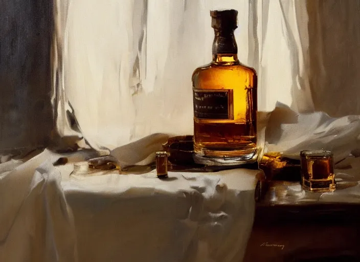 Prompt: oil painting of whiskey bottle, barley grain, art by anders zorn, wonderful masterpiece by greg rutkowski, beautiful cinematic light, american romanticism by greg manchess, creation by tyler edlin, folds of fabric, tablecloth, curtains