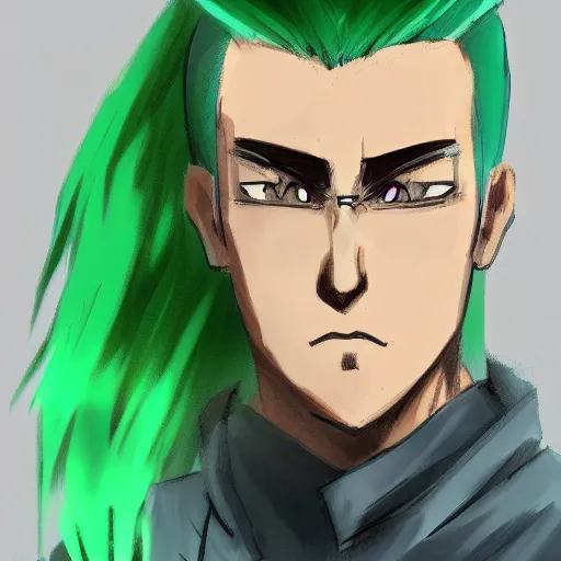 Prompt: Concept art of a man with green hair, trending on artstation, anime