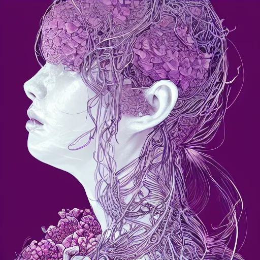 Image similar to the head of an unbelievably elegant and beautiful woman partially made of potatoes roots and violets, an ultrafine detailed illustration by james jean, final fantasy, intricate linework, bright colors, behance contest winner, vanitas, angular, altermodern, unreal engine 5 highly rendered, global illumination, radiant light, detailed and intricate environment