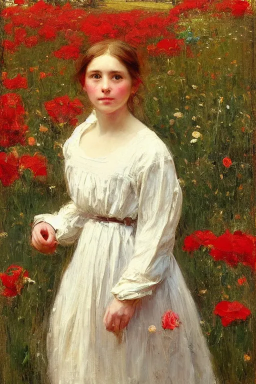 Image similar to Solomon Joseph Solomon and Richard Schmid and Jeremy Lipking victorian genre painting portrait painting of a young cottagecore girl in an open field of flowers, red background