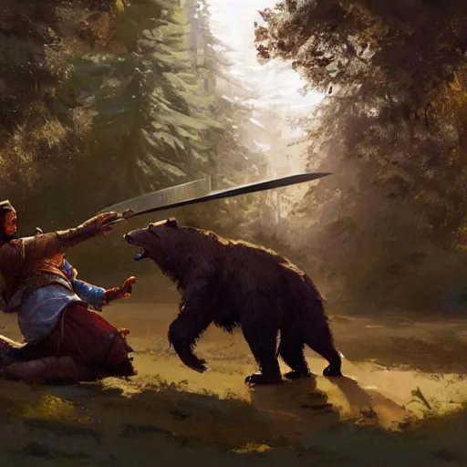 Prompt: medieval fight between a bear an a gipsy man with a sword. in the sherwood forest. trending on artstation, craig mullins, rutkowski. gipsy caravan