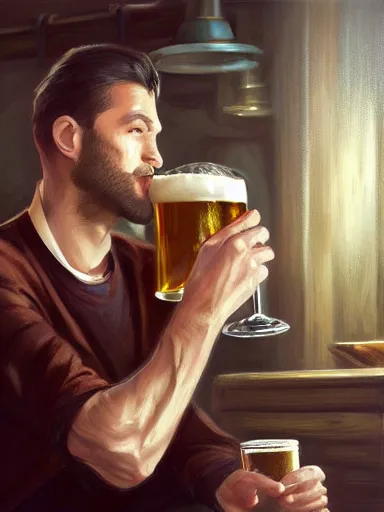 Image similar to a young handsome guy, drinking draffted beer in a pub. intricate, elegant, highly detailed, digital painting, artstation, concept art, sharp focus, illustration, by justin gerard and artgerm, 8 k