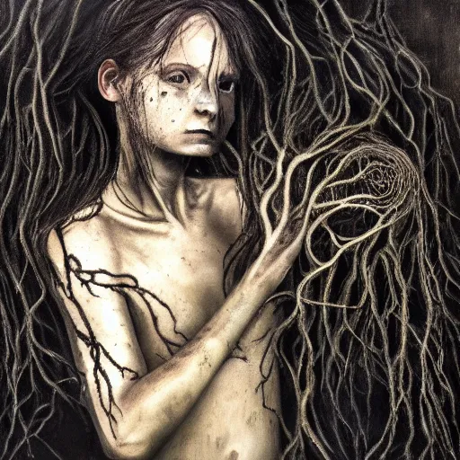 Image similar to award - winning painting of person infested with pitch black, tar - like, shadow roots with lots of tendrils on the skin, black veins, intricate detail, deep black roots, infestation, shadowy, lovecraftian, beksinksi, black and white, chiaroscuro, portrait painting