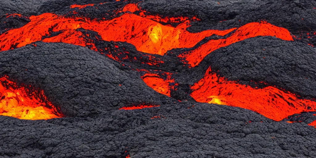 Prompt: old black volcanic lava meets the new bright orange lava on the edge, aereal photo