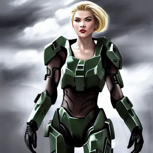 Prompt: A combination of Ada Wong's and Grace Kelly's and Katheryn Winnick's appearances with blonde hair wearing Master Chief's armor from Halo, high tech, action shot, angular, full body portrait, futuristic, dramatic, fantasy, intricate, elegant, highly detailed, digital painting, artstation, concept art, matte, sharp focus, illustration, 8K, art by tian zi and WLOP and alphonse mucha