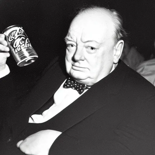 Image similar to Winston Churchill drinking a can of coca cola, profile photograph