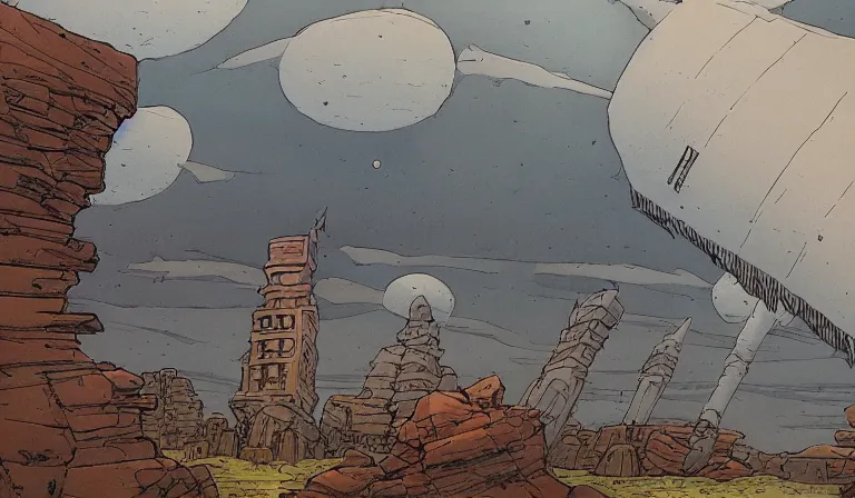 Prompt: A serene landscape with a singular building in the style of Enki Bilal and Moebius and Simon Bisley and Robert McCall.