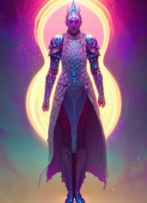 Image similar to a knight faceless glowing liquefied stardust adventurer, dnd fantasy character, full body portrait, glowing neon skin, magical aura, ultra realistic, intricate, elegant, highly detailed, digital painting, artstation, smooth, sharp, focus, illustration, art by artgerm and greg rutkowski and alphonse mucha and dan mumford, sacred geometry