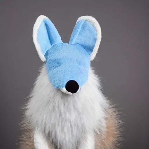 Image similar to white furry dragon with a blue neck mane, 2 grey horns, and fennic fox ears