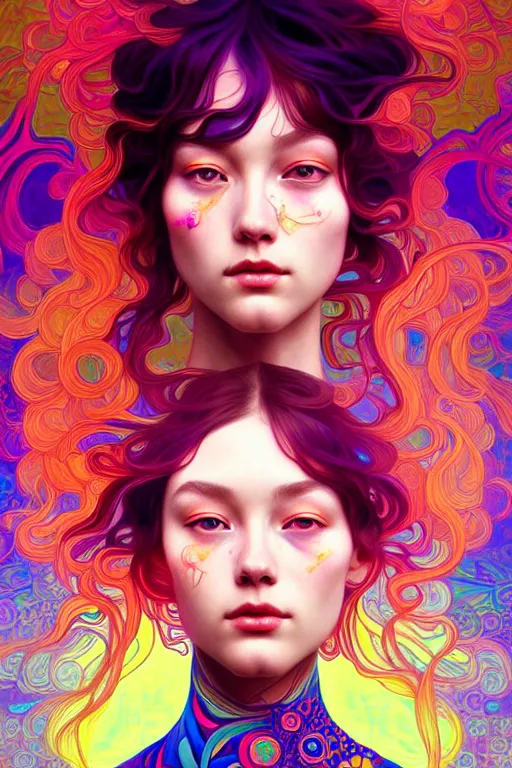 Image similar to beautiful psychedelic portrait, highly detailed, digital painting, artstation, sharp focus, illustration, art by tan zi and ayanamikodon and alphonse mucha and wlop