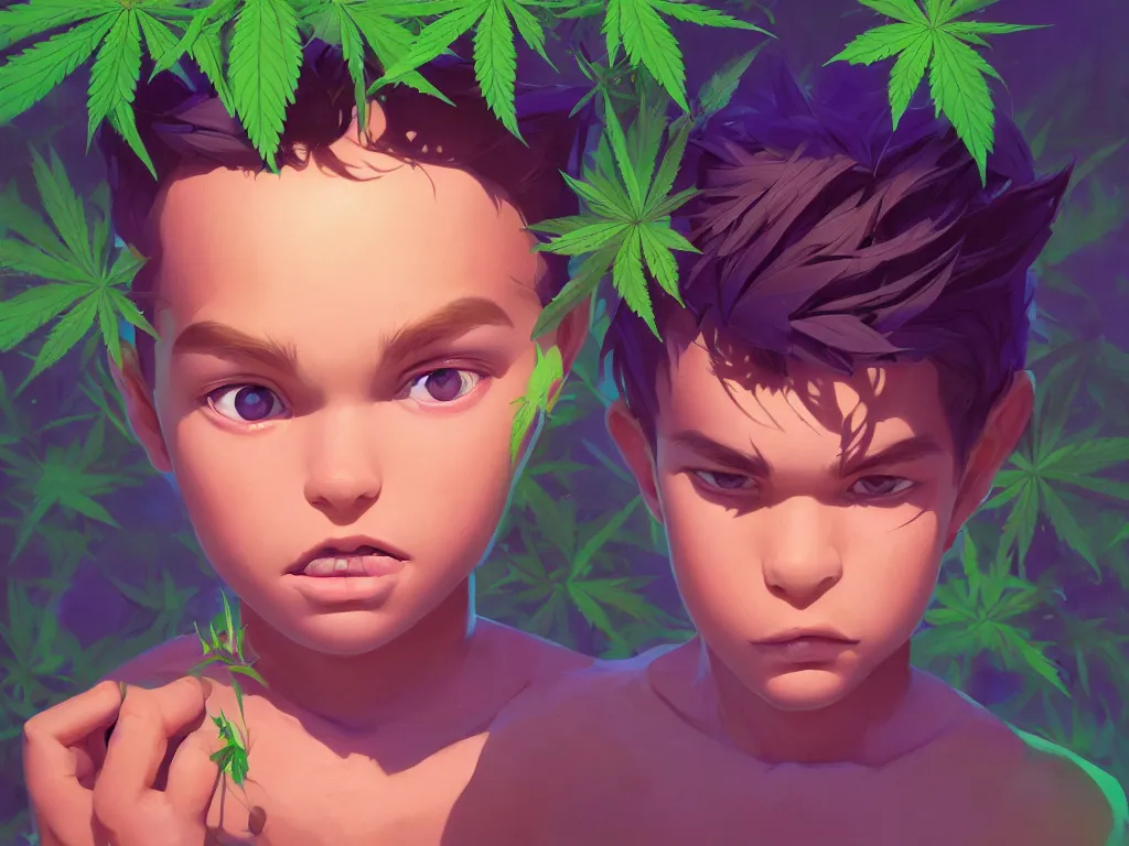 Image similar to kid with symmetrical beauty face, green flowers of marijuana purple glow hemp cannabis, behance hd, by jesper ejsing, by rhads, makoto shinkai, lois van baarle, ilya kuvshinov, rossdraws global illumination, golden ratio