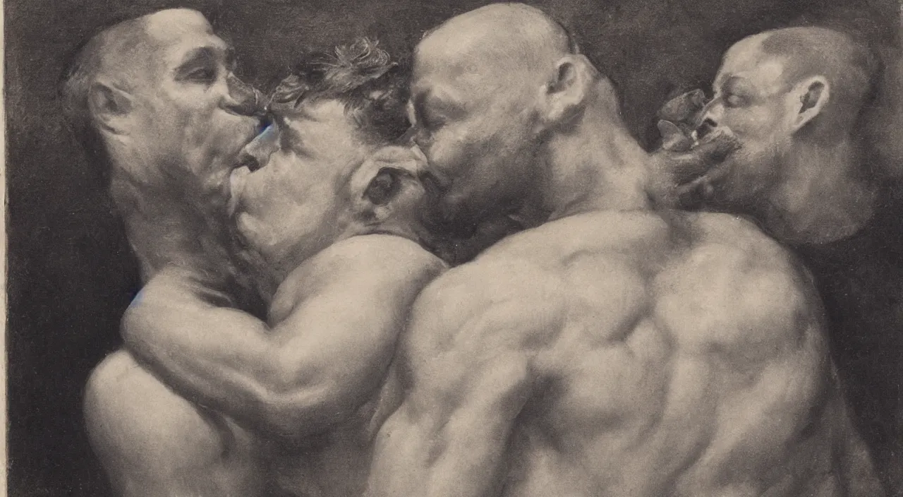 Image similar to a portrait of two strong man kissing each other