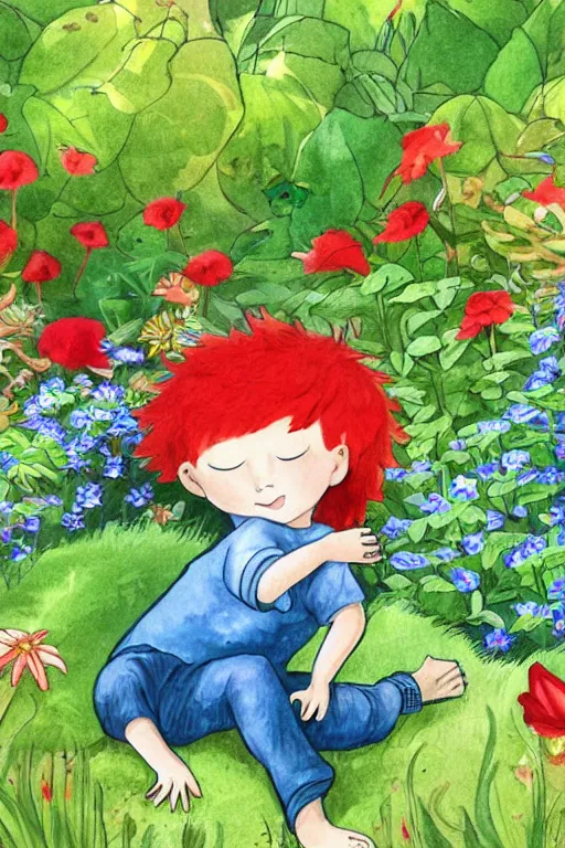 Image similar to a little boy with red hair asleep in a garden. clean elegant pretty cartoon painting, beautiful detailed face, storybook illustration.