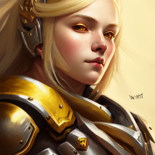 Image similar to Portrait of a girl with blonde hair wearing a heavy knight armor, Overwatch inspired, golden accents, face, fantasy, intricate, elegant, highly detailed, digital painting, artstation, concept art, smooth, sharp focus, illustration, art by Wei Fan and Fernanda Suarez and Artem Demura and alphonse mucha