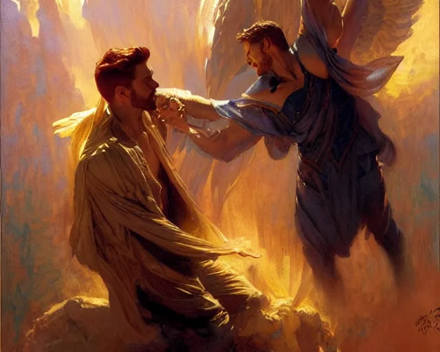 Image similar to attractive lucifer morningstar casting illusion over attractive mortal man. highly detailed painting by gaston bussiere, craig mullins, j. c. leyendecker 8 k