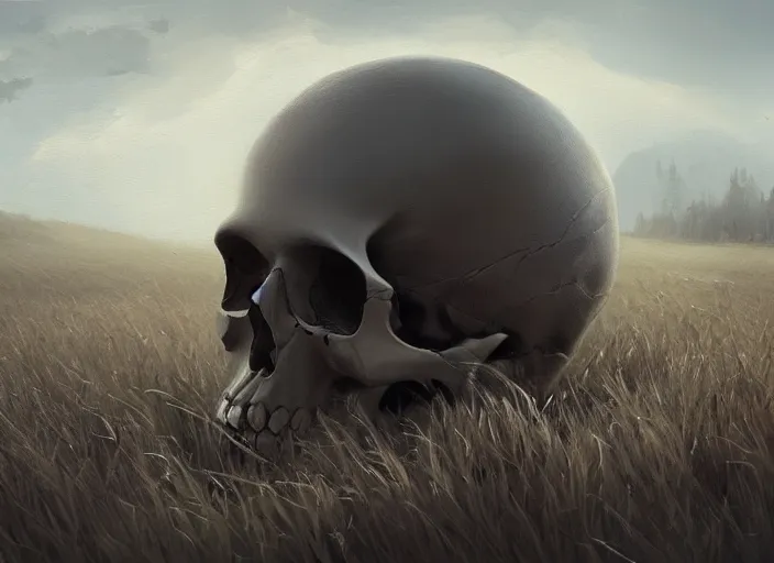 Image similar to painting of a skull in the middle of a field, concept art by senior environment artist, cgsociety, vanitas, apocalypse art, dystopian art, artstation hq