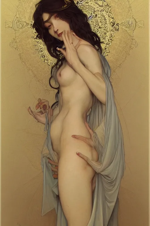 Image similar to a full body portrait of a beautiful ethereal delicate mage queen meditative sacral pose of vestal power, bedroom, intricate, elegant, highly detailed, digital painting, artstation, concept art, smooth, sharp focus, illustration, art by krenz cushart and artem demura and alphonse mucha