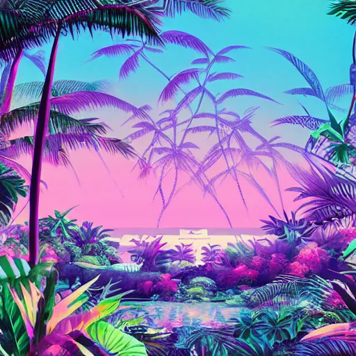 Prompt: vaporwave jungle on nebula beach