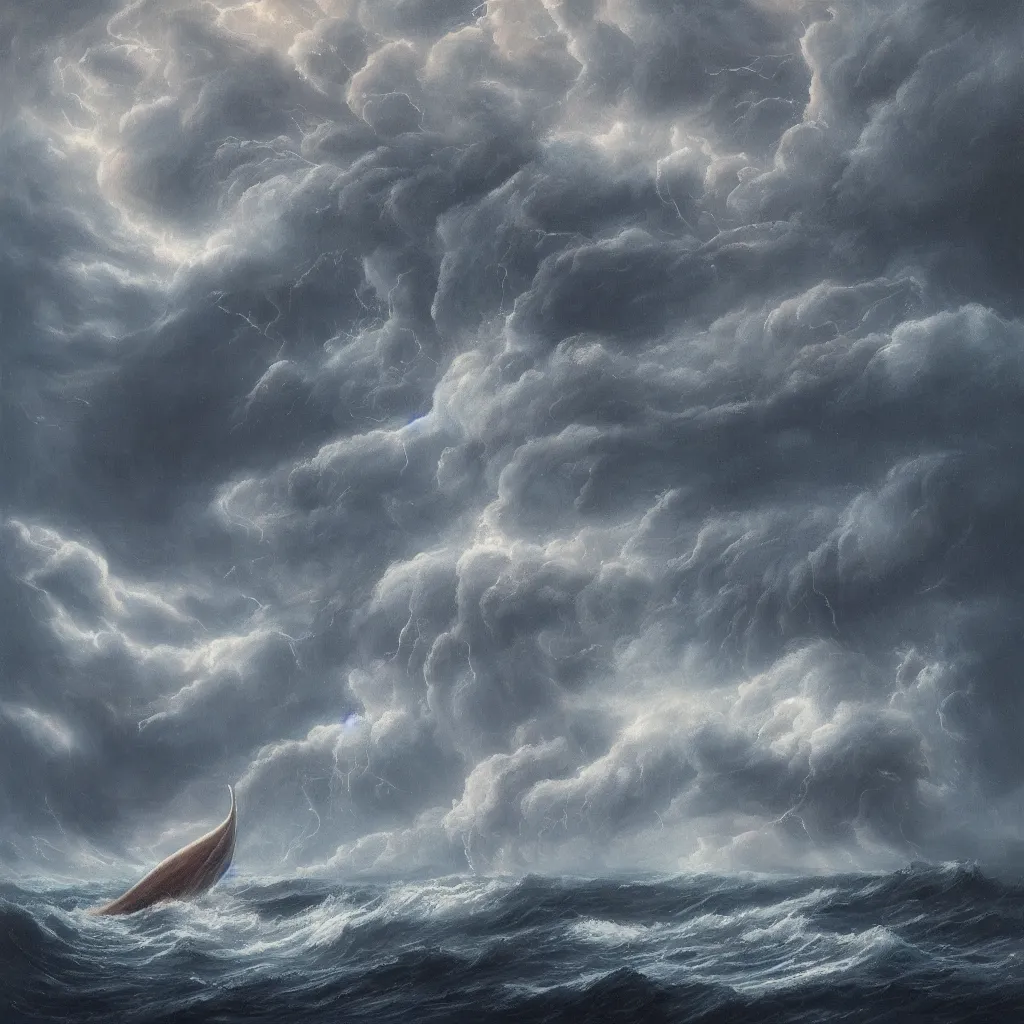 Image similar to a fantasy book style portrait of a giant squid, stormy sea, giant waves, lightning in the background, small boat, oil painting, 4 k