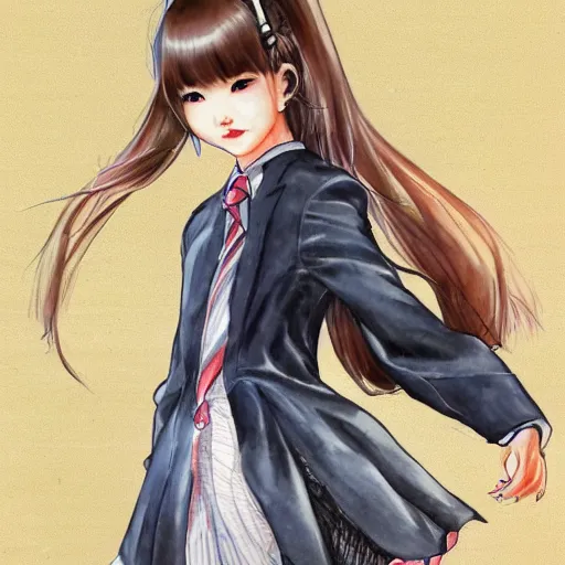 Image similar to a perfect, realistic professional digital sketch of a Japanese schoolgirl in style of Marvel, full length, by pen and watercolor, by a professional Chinese Korean artist on ArtStation, on high-quality paper