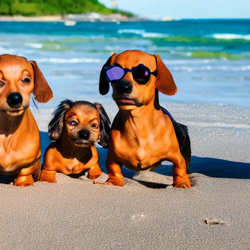 Prompt: 2 married mix of dachshund and shih tzu dogs laying on a a beach with sun glasses on watching their puppies play