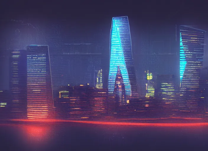 Image similar to cyberpunk scifi scene of san fransico skyline at night, salesforce tower, golden gate bridge, artstation, matt painting, very detailed, maximalism, ambient occlusion, volumetric light, atmospheric haze, unreal engine, hyper realism, realistic shading, cinematic composition, realistic render, octane render, detailed textures, photorealistic, wide shot