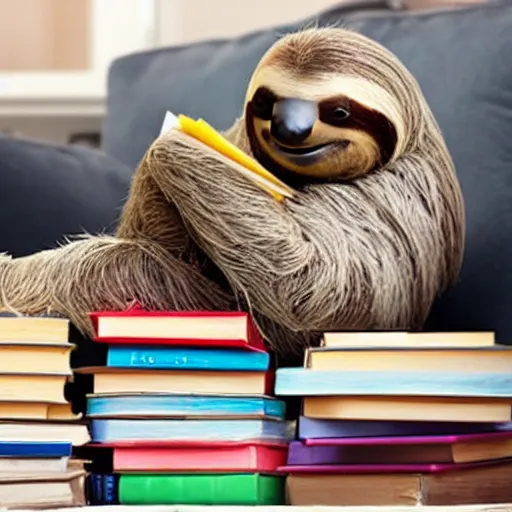 Prompt: sloth wearing diaper, sitting on couch, beside pile of books