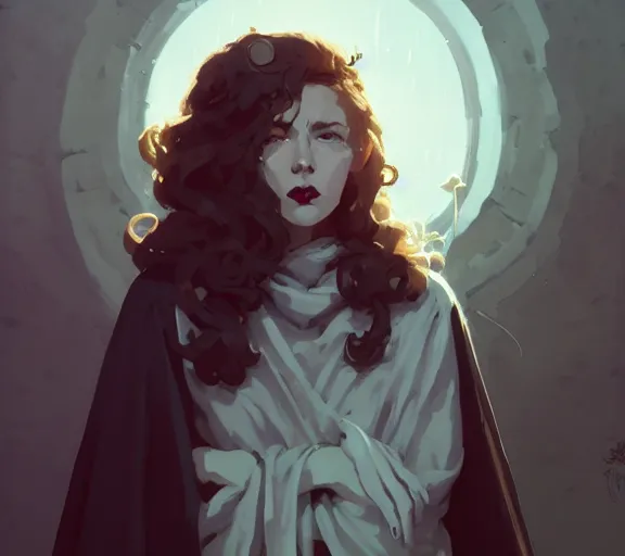 Image similar to portrait woman with long ginger curly hair, cloak with runes, by atey ghailan, by greg rutkowski, by greg tocchini, by james gilleard, by joe fenton, by kaethe butcher, by ashley wood, dynamic lighting, gradient light blue, brown, blonde cream and white color scheme, grunge aesthetic