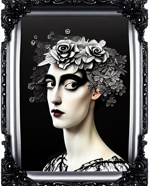 Image similar to masterpiece monochrome profile portrait painting, dutch masters, silver lace floral steampunk biomechanical beautiful one techno eye young female cyborg, big monocular, volumetric light, leaves foliage and stems, hibiscus flowers, by man ray, rim light, big gothic fashion pearl embroidered collar, 8 k