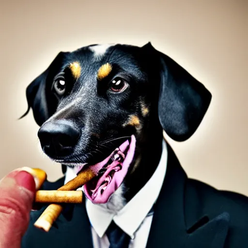 Prompt: a high detail closeup photograph of a dog wearing a suit 👔,and smoking a cigarrette🚬, award wining photograph