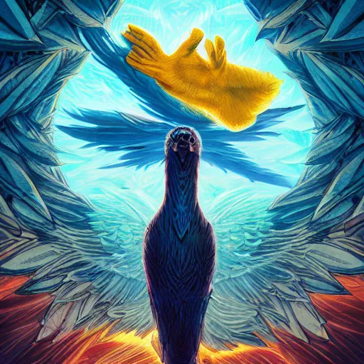 Image similar to the second big bird by dan mumford, yusuke murata, makoto shinkai, ross tran, cosmic, heavenly, god rays, intricate detail, cinematic, 8 k, cel shaded, unreal engine, featured on artstation, pixiv