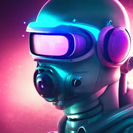 Image similar to cyberpunk concept cyborg bot, cinema 4 d, galaxy, ufo, space sci - fi, wearing vr goggles, illustration, portrait, pastel neon textured background night, trending on artstation, greg rutkowski, octane rendered, 1 2 k, detailed,