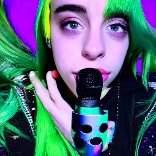 Image similar to a combination of Billie Eilish, Ariana Grande and Camilla Cabello with a microphone, selfie, symmetric, high details, hyperrealistic, bright colors,