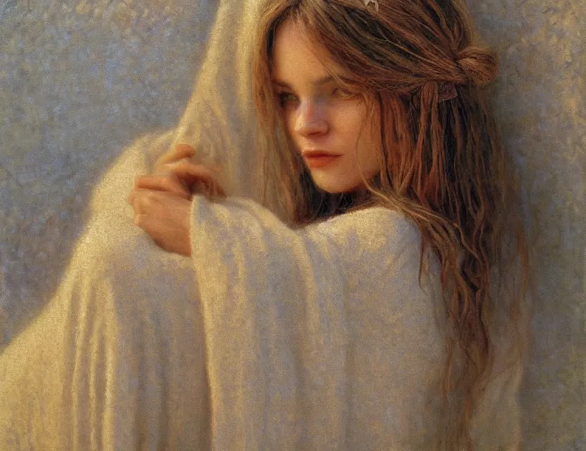 Image similar to peasant girl with long hair yarn knitting, cottage core, cinematic focus, polaroid photo bleached vintage pastel colors high - key lighting, soft lights, foggy, by steve hanks, by lisa yuskavage, by serov valentin, by tarkovsky, 8 k render, detailed, oil on canvas