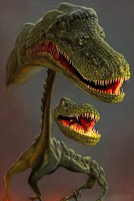 Image similar to irradiated dinosaur,painted by Rudolph Belarski and Ron Walotsky and Fred Fields and Glenn Chadbourne,trending on artstation, haunted lighting tilt-shift,still life ,tintype photo,Pixar ,creature concept art,telephoto lens ,