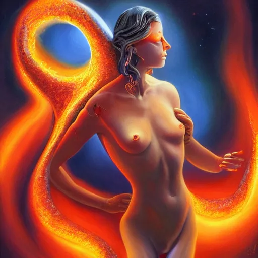 Image similar to A beautiful painting of a female cosmic being with flames as her body by Jim Burns, 8K, ultra-detailed , Trending on artstation.