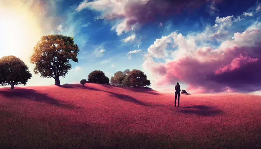Prompt: sun eclipsed by hexagon, people standing on grassy rolling hills, one tree, dramatic pink clouds, blue sky, jessica rossier, art station