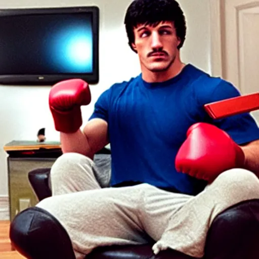 Image similar to rocky balboa holding a playstation!! controller!! video game console sitting in a chair