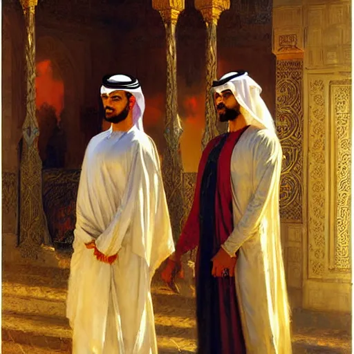 Image similar to attractive arab king in love with his attractive male prince. highly detailed painting by gaston bussiere, craig mullins, j. c. leyendecker