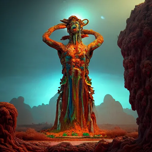 Image similar to ancient giant dead god being made of opal in desolate and lush landscape, moody, :: by Jeff Koons, Dan McPharlin Daniel Merrian :: ornate, dynamic, particulate, rich colors, intricate, elegant, highly detailed, centered, artstation, smooth, sharp focus, octane render, 3d